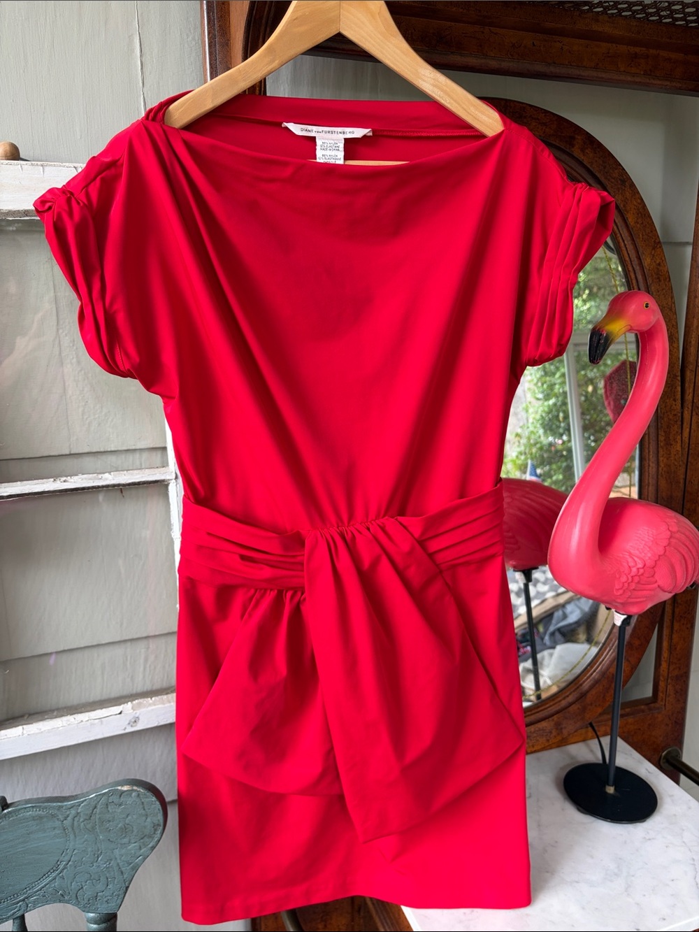 Diane Von Furstenberg Red Short Sleeve Mini Dress with Waist Tie